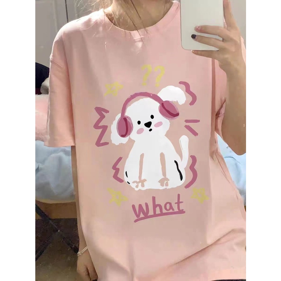 Kaos Anak Anjing Wanita Lengan Pendek Crewneck Oversize Atasan