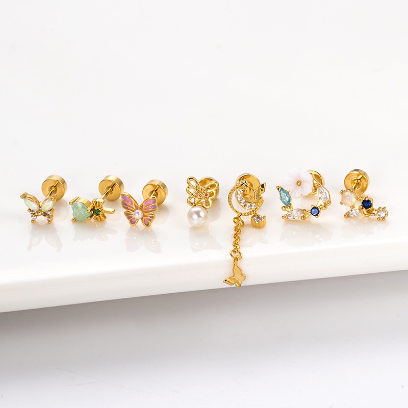 1biji 20G Zirkon Warna-Warni Kupu-Kupu Bunga Stainless Steel Tulang Rawan Helix Tragus Keong Rook Lobek Sekrup Belakang Anting Stud