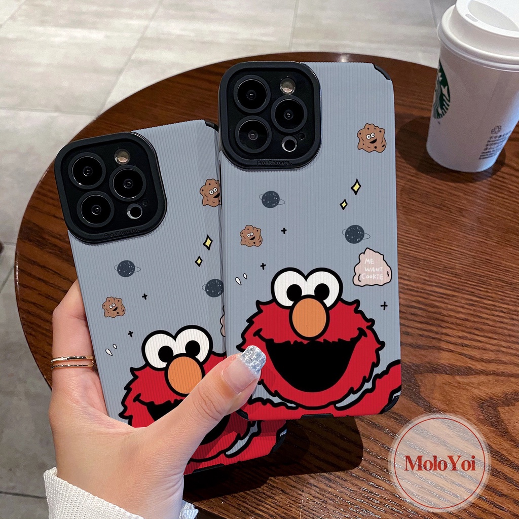 Ins Trendi Merek Merah Sesame Street Pasangan Tekstur Kulit Case Kompatibel Untuk IPhone XR X XS Max 7Plus 11 14 13 12 Pro Max7 8 Plus Shockproof Cover