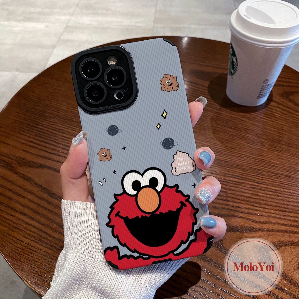 Ins Trendi Merek Merah Sesame Street Pasangan Tekstur Kulit Case Kompatibel Untuk IPhone XR X XS Max 7Plus 11 14 13 12 Pro Max7 8 Plus Shockproof Cover