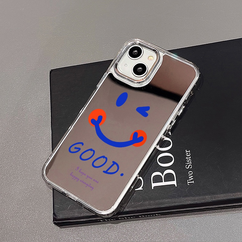 IPHONE Casing Ponsel Cermin Smile Biru Bagus Kompatibel Untuk Iphone11 12 13 14 12Pro 13Pro 14Pro Pro Max XR X XS Max Electroplating Tombol Perlindungan Mirror Cover