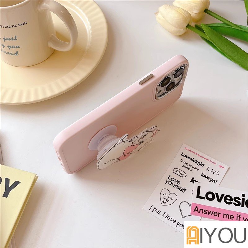 IPHONE Pink Mary Cat Bracket Cairan Plating Perlindungan Casing Ponsel Kompatibel Untuk Iphone14 14Plus 13 12 11 Pro Max XR IX Cakupan Penuh Shockproof Soft Cover