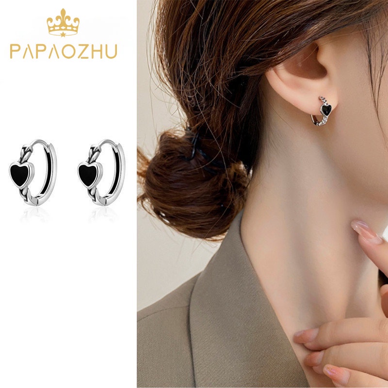 Papaozhu Chic s925 Perak Lukisan Minyak Hitam Jantung Hoop Anting Untuk Wanita Perempuan Memutar Lingkaran Bulat Anting-Anting Fashion Telinga Perhiasan