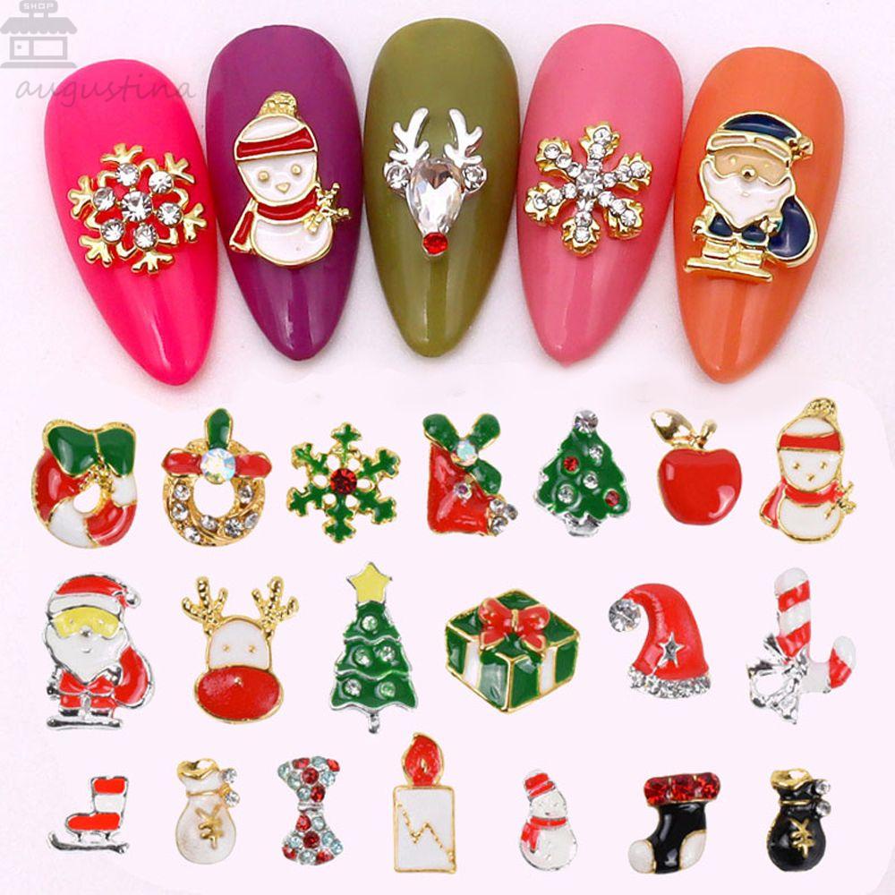 AUGUSTINA Agustin 3D Dekorasi Nail Art Glitter Snowflake Wanita Salon XmasTree Snowman Zircon Hiasan Kuku Nail Rhinestones