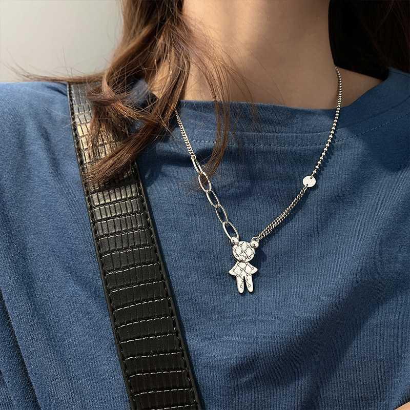 S925 All-Match Bear Kalung Perempuan Rantai Klavikula Liontin Thai Silver Retro Lucu Sederhana Murah Hati Influencer