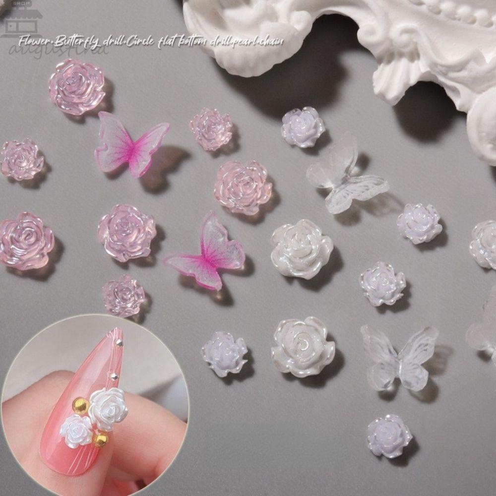 AUGUSTINA Agustina Paku Charms Rantai Logam Gadis Kuku Kecantikan Camelia Mutiara DIY Bahan Kuku 3D Dekorasi Kuku