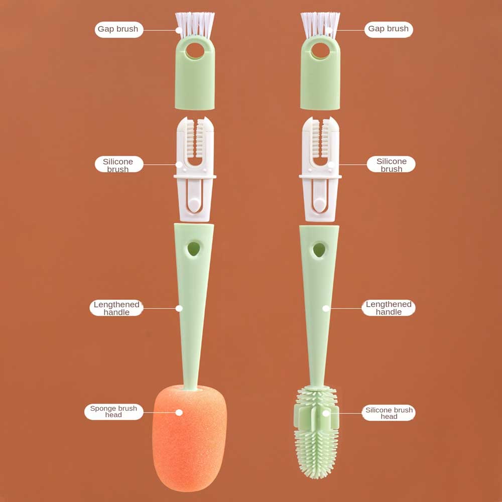 ღ 4in1 Silicone Sponge Cup Brush Rumah Tangga Sikat Pembersih Dapat Dilepas Gagang Panjang Genggam Portabel Multi-fungsi Sikat Celah Botol