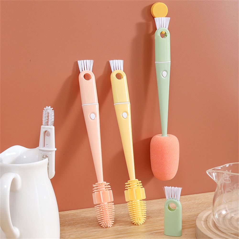 ღ 4in1 Silicone Sponge Cup Brush Rumah Tangga Sikat Pembersih Dapat Dilepas Gagang Panjang Genggam Portabel Multi-fungsi Sikat Celah Botol