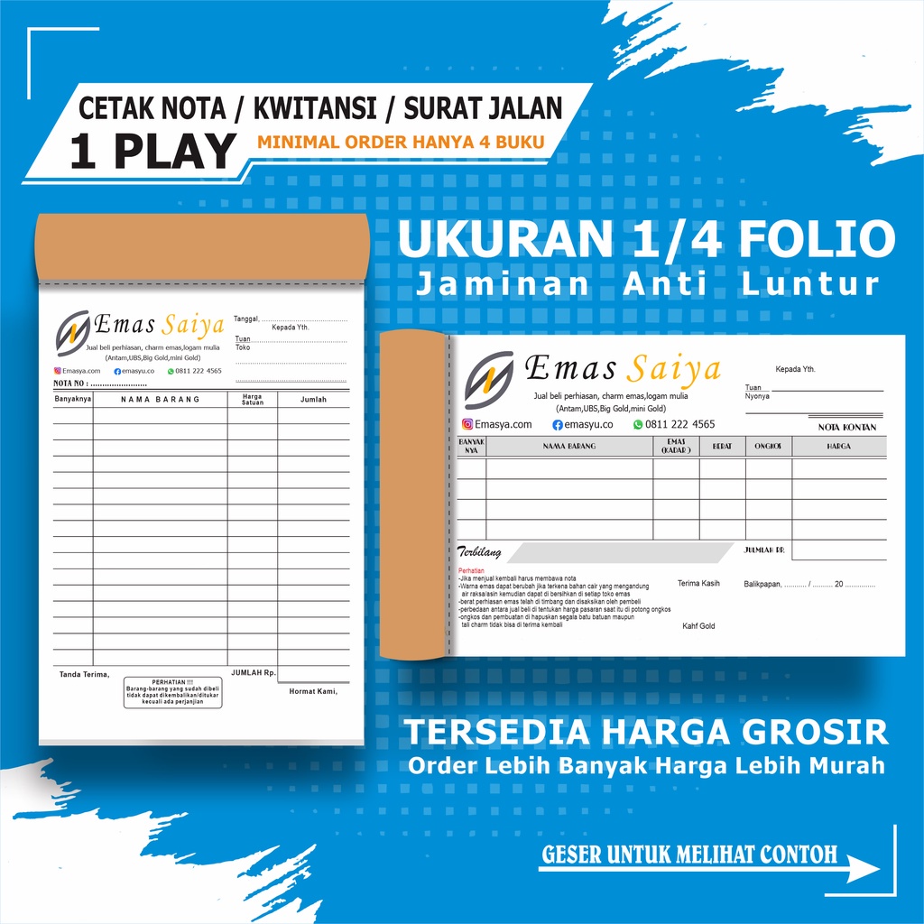 

Nota custom kwitansi 1 ply 1/4 folio buku nota penjualan surat jalan invoice kwitansi tanda terima