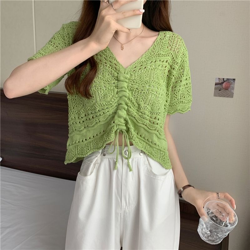 Atasan Wanita Cutout Serut Lengan Pendek Premium Rajut Casual Top