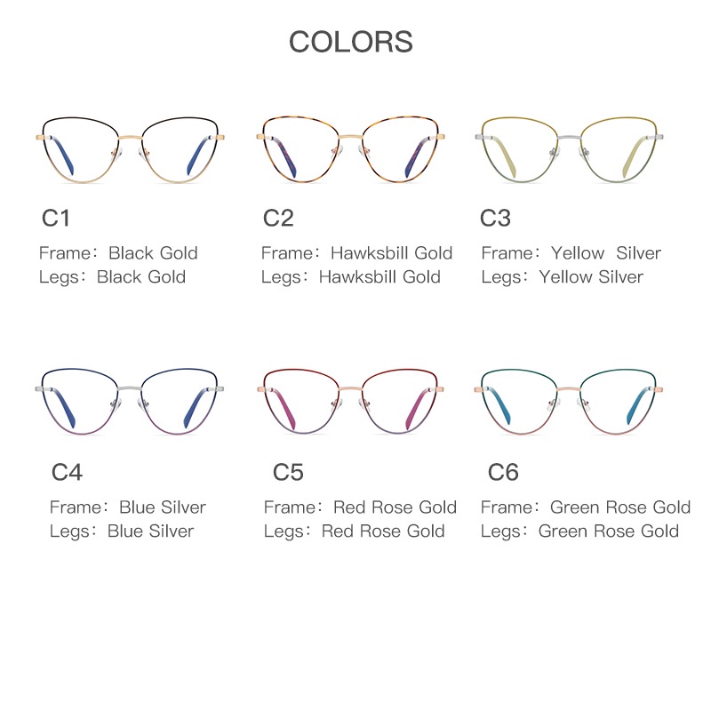 (YUZHU) Western Fashion Optical Eyeglasses Metal Frame Cat Eye Anti Blue Light Two Tone Paint Eyeglasses Untuk Wanita