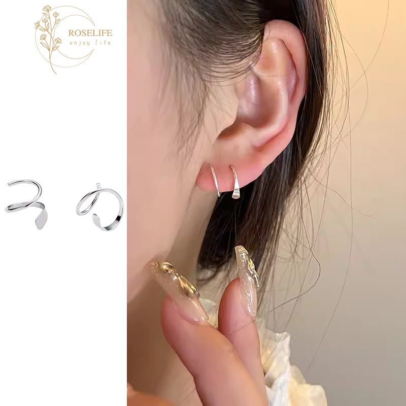 Roselife 2 Pcs Minimalis S925 Perak Garis Geometris Sprial Stud Anting-Anting Untuk Wanita Perempuan Hypoallergenic Memutar Musim Semi Anting-Anting Pakaian Sehari-Hari Pick Gratis Telinga Perhiasan