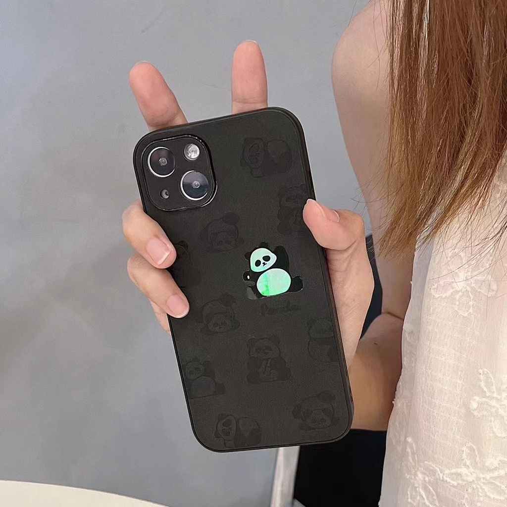 【Gradient Laser】So Cute China Panda Soft Bumper Hard Case IPhone 11 12 13 14 Pro Max Camera Protect for Girl Women Man Men's Fashion Gift Black Gray Cartoon Phone Case