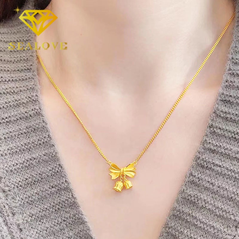 Kalung Titanium Bunga Pita Cantik Aesthetic Korea Emas 18K Anti Karat Aksesoris Wanita Perhiasan Fashion