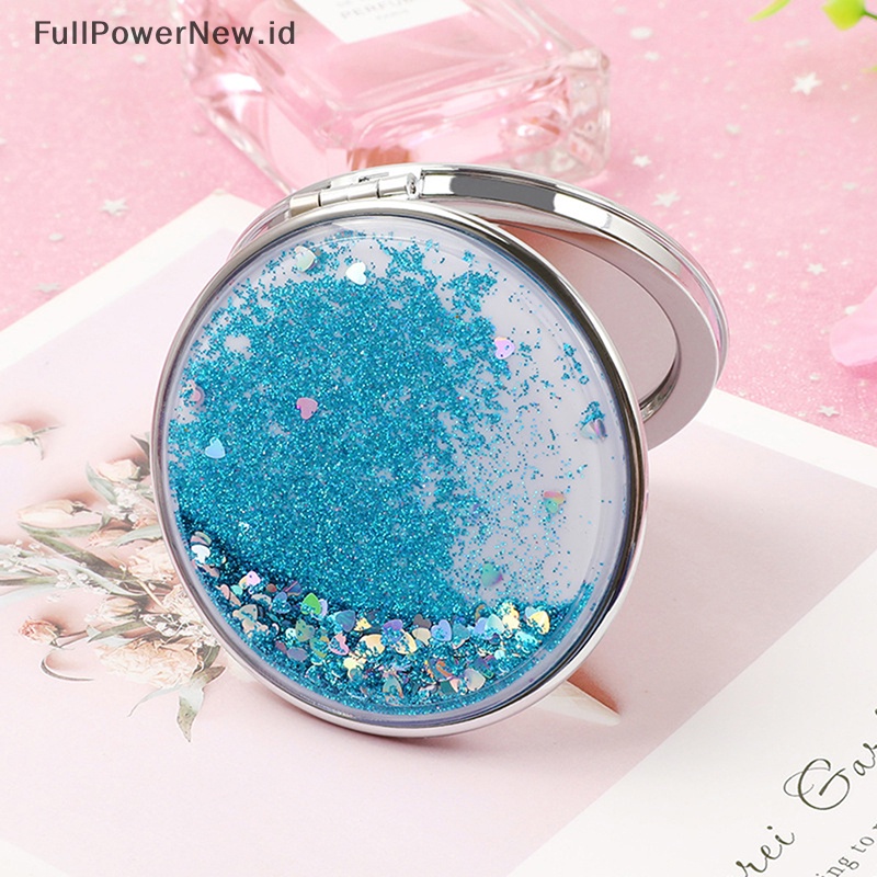 Power Cermin Saku Kosmetik Lipat Dua Sisi Portable Dengan Pasir Berkilau Mengalir ID