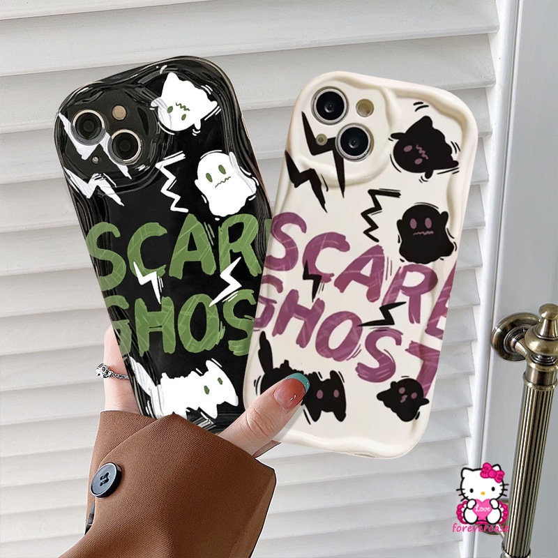 Cartoon Scared Ghost Cat Soft Tpu Case Compatible for IPhone 7Plus XR XS X Max 7 6 8 6s Plus 11 14 12 13 Pro Max SE 2020 Cute Little Monster 3D Wavy Curved Edge Couples Cover