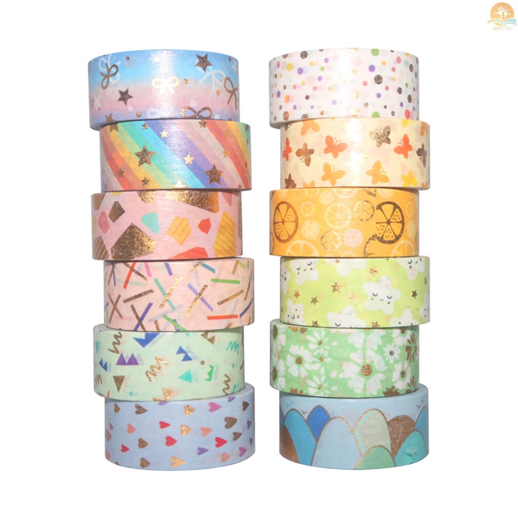 In Stock 12roll Washi Tape Set Pola Lucu Foil Emas Masking Tape Lebar 15mm Perekat Dekoratif Tape Stiker Untuk Kerajinan DIY Jurnal Planners Scrapbooking Card Gift Wrapping