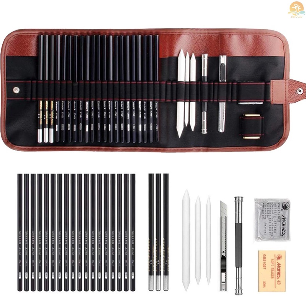 In Stock 29PCS Set Pensil Menggambar Sketsa Arang Pensil Seni Profesional Perlengkapan Seni Dengan Tas Kantong Penyimpanan Potrait Alat Gambar Hadiah Besar Untuk Pelajar Dewasa Pemula Dan