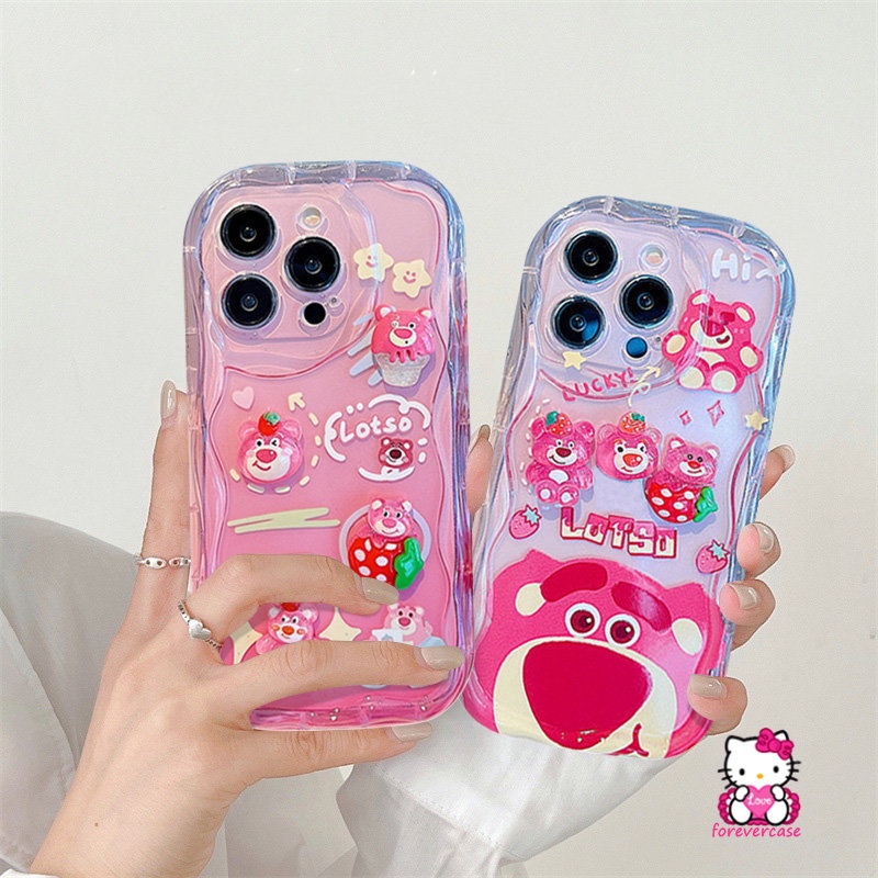 Cartoon 3D Wavy Curved Edge Soft Glossy Case Compatible for iPhone XR XS X Max 11 13 12 14 Pro Max 7Plus 8 6 6s 7 Plus SE 2020 3D Cute Doll Strawberry Bear Lotso Phone Cover