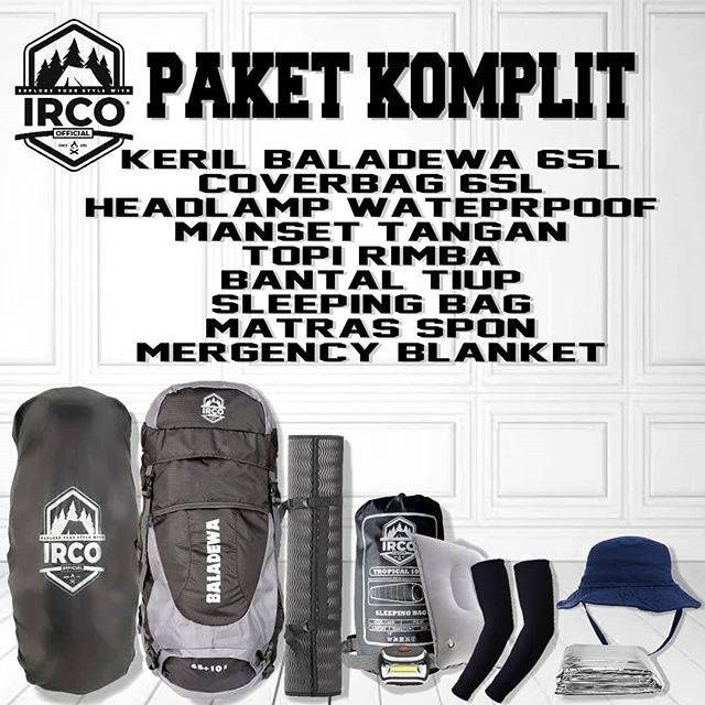 Ircoofficial paket mendaki gunung komplit carrier baladewa 65 liter bonus coverbag dan sleeping bag 