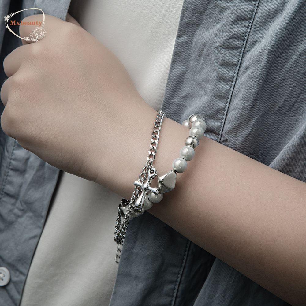 MXBEAUTY Pria Wanita Gelang Baja Titanium Vintage Desain Rasa Liontin Salib Double Layer Perhiasan Pesta