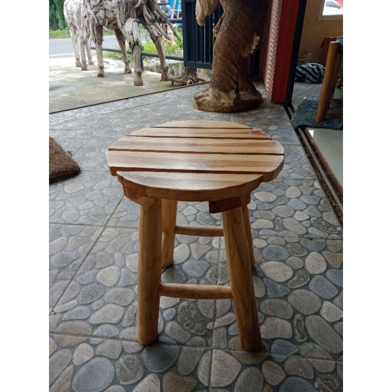 KURSI KAYU STOOL JATI BULAT GARIS FREE FINISHING