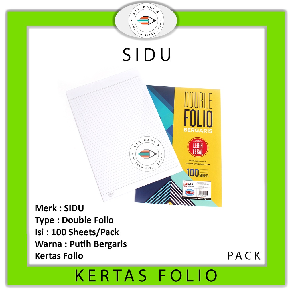 

SIDU - Kertas Double Folio Bergaris 100 Sheets - Pack