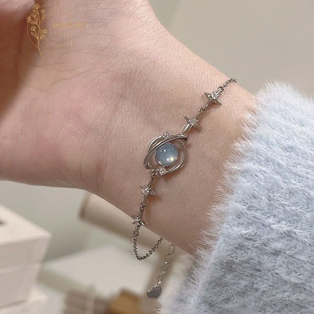 Roselife Korea Moonstone Sparkling Star Blue Planet Bracelet Untuk Wanita Gadis Bersinar Langit Berbintang Semesta Gelang Perhiasan Hadiah Untuk Pacar Teman