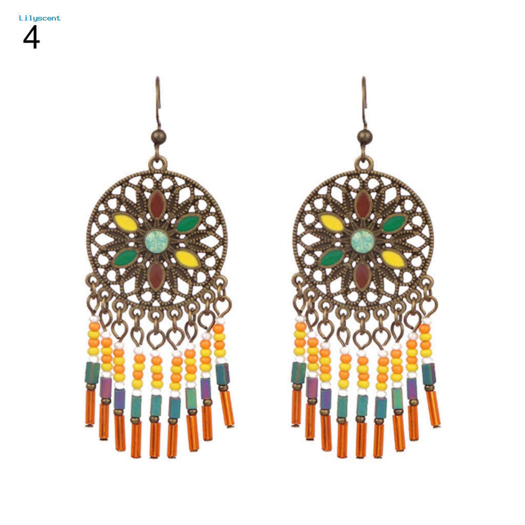 Lilyscent 1pasang Shiny Boho Earrings Perhiasan Pesta Gaya Etnik Rumbai Pesona Anting Bentuk Bunga