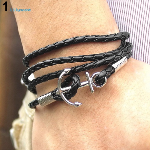 Lilyscent Gelang Kaki Pria Kulit Imitasi Multilayer Braided Bangle Charm Infinity Bracelet