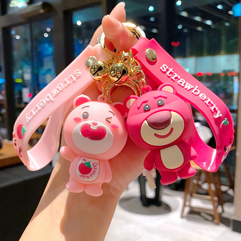 Lucu Indah Pink Strawberry Bear Gantungan Kunci Tas Mobil Liontin Keyring Aksesoris Pasangan Hadiah Kecil