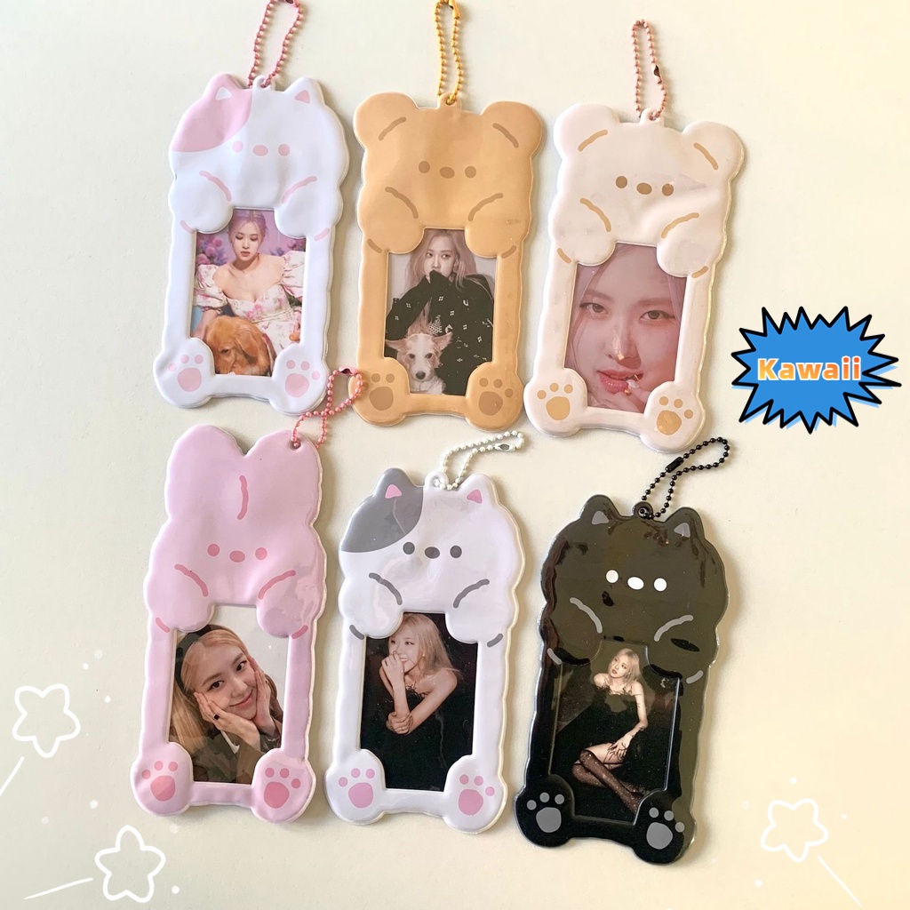 Kawaii Kartun Beruang Kucing Foto Card Holder Gantungan Kunci Tas Liontin Kpop Idol Photocards Pajangan Pelindung Rabbit ID Card Case Untuk Alat Tulis Siswa