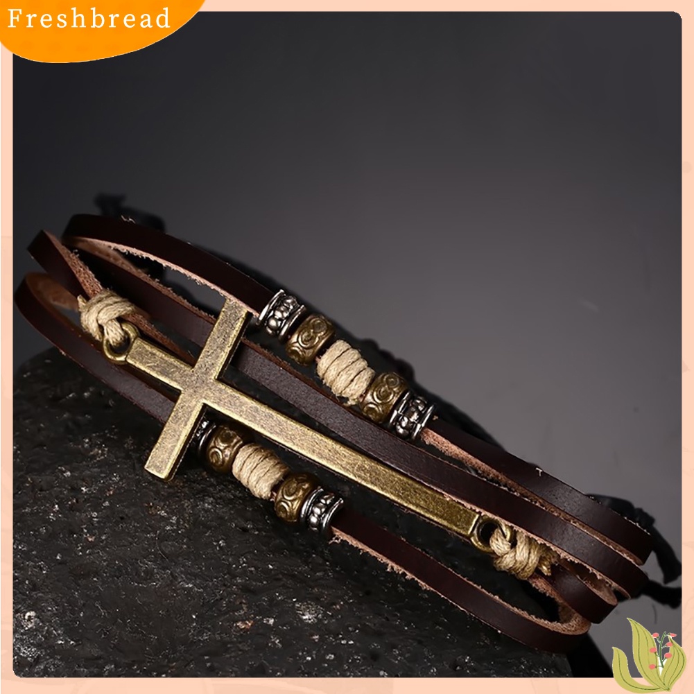 &lt; Freshbread &gt; Retro Faux Kulit Gelang Salib Bangle Wanita Pria Perhiasan Tali Adjustable Rantai