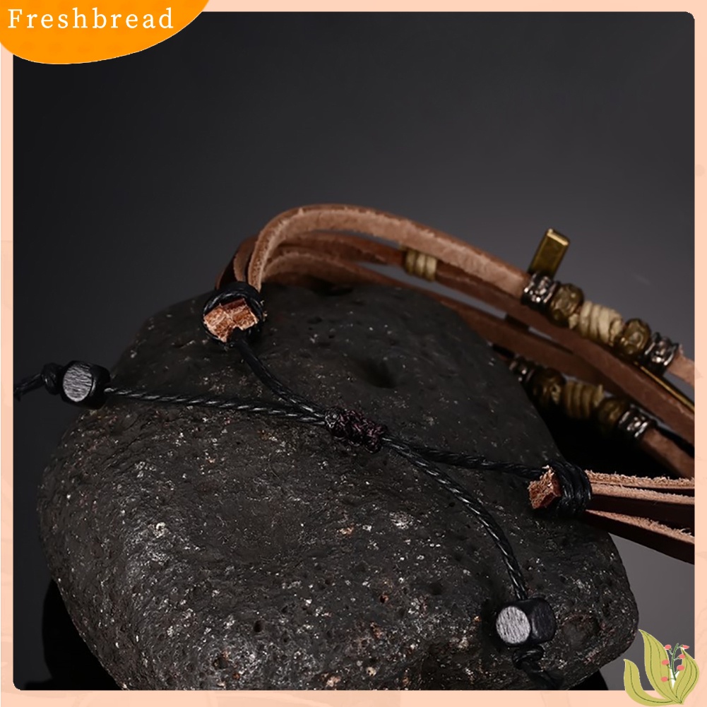 &lt; Freshbread &gt; Retro Faux Kulit Gelang Salib Bangle Wanita Pria Perhiasan Tali Adjustable Rantai