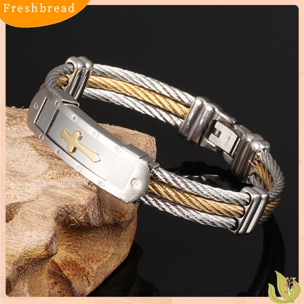 &lt; Freshbread &gt; Perhiasan Gelang Tangan Bangle Salib Tiga Lapisan Stainless Steel Unisex Bergaya