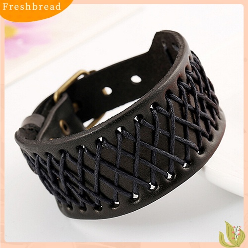 &lt; Freshbread &gt; Pria Wanita Gaya Punk Kepang Lebar Kulit Bangle Retro Gelang Cuff Bracelet