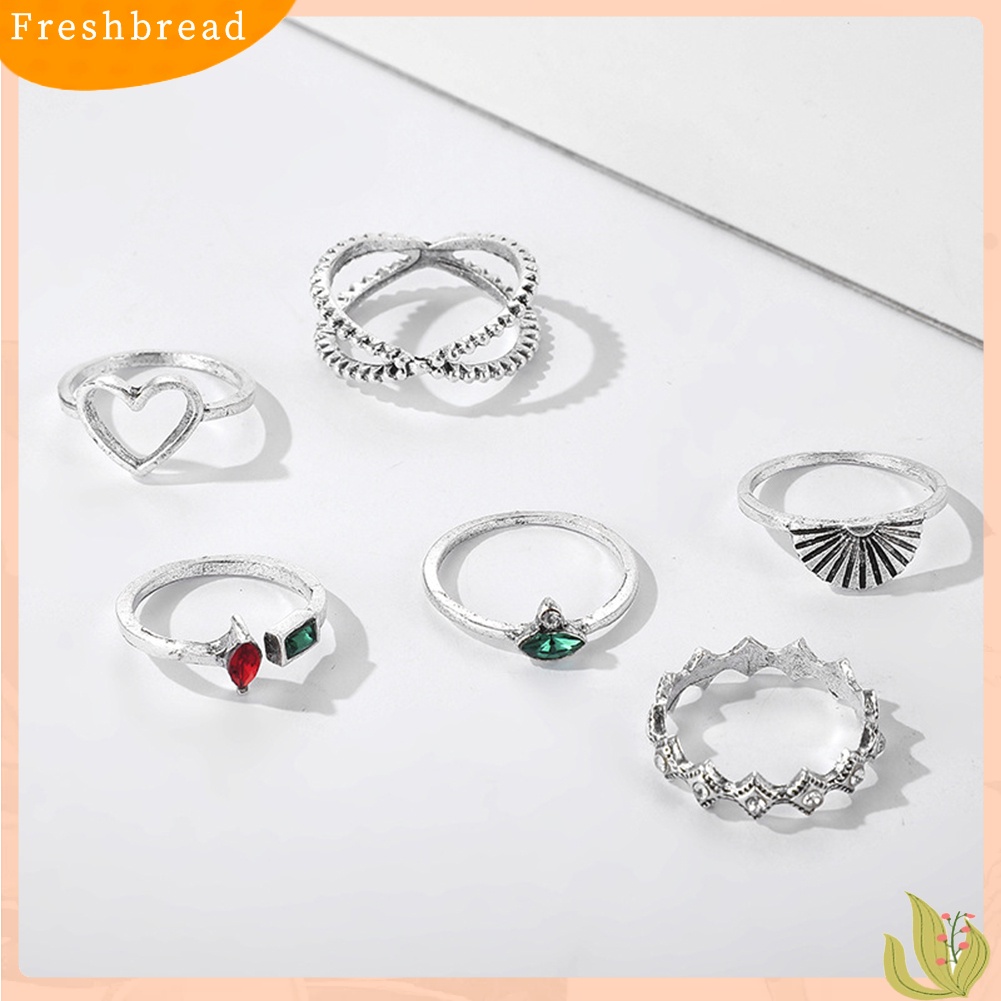 &lt; Freshbread &gt; 6 Pcs Berongga Jantung Shell Berlian Imitasi Pembukaan Jari Cincin Tipis Band Perhiasan Hadiah