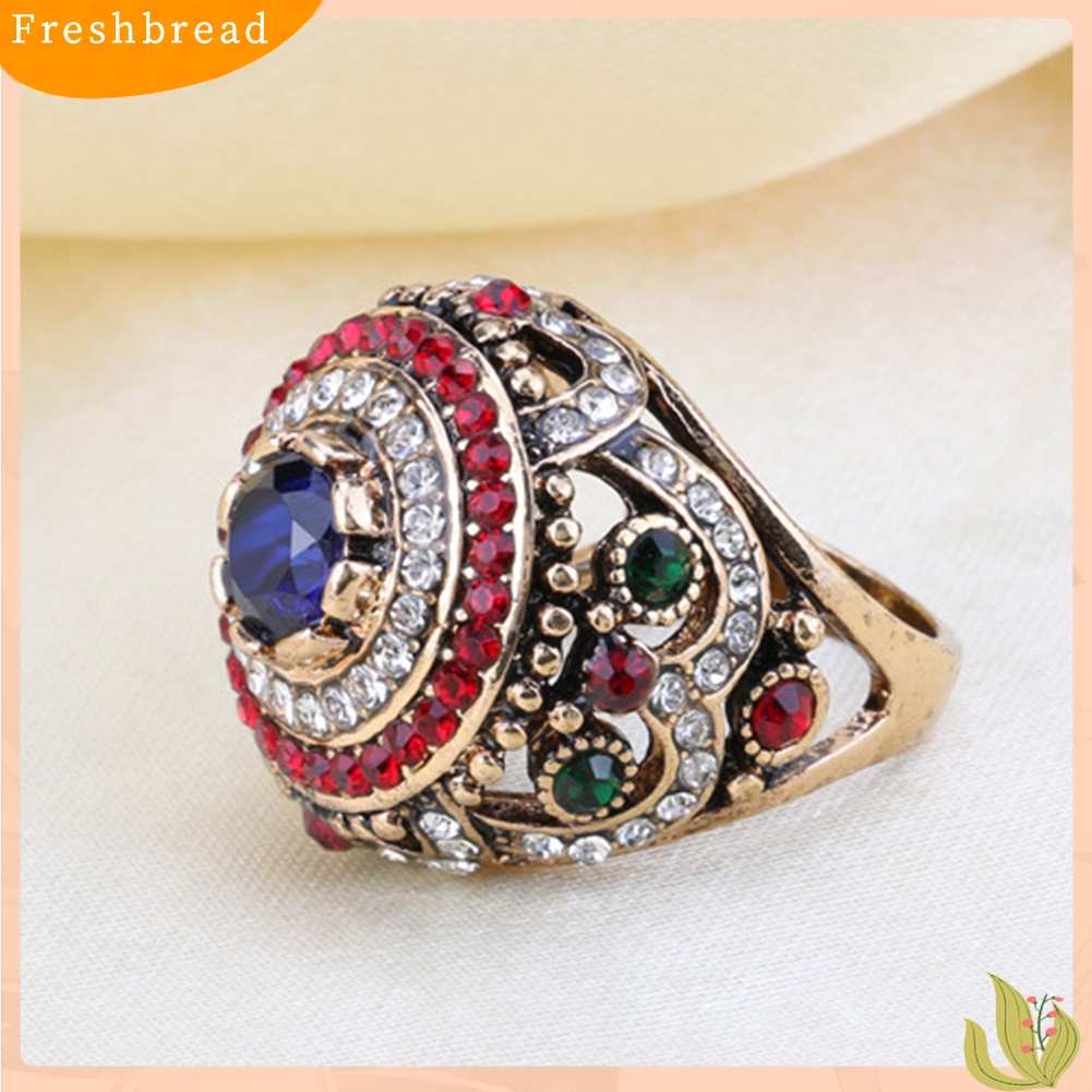 &lt; Freshbread &gt; Wanita Mewah Bulat Warna-Warni Berlian Imitasi Bertatahkan Jari Cincin Pesta Perhiasan Hadiah