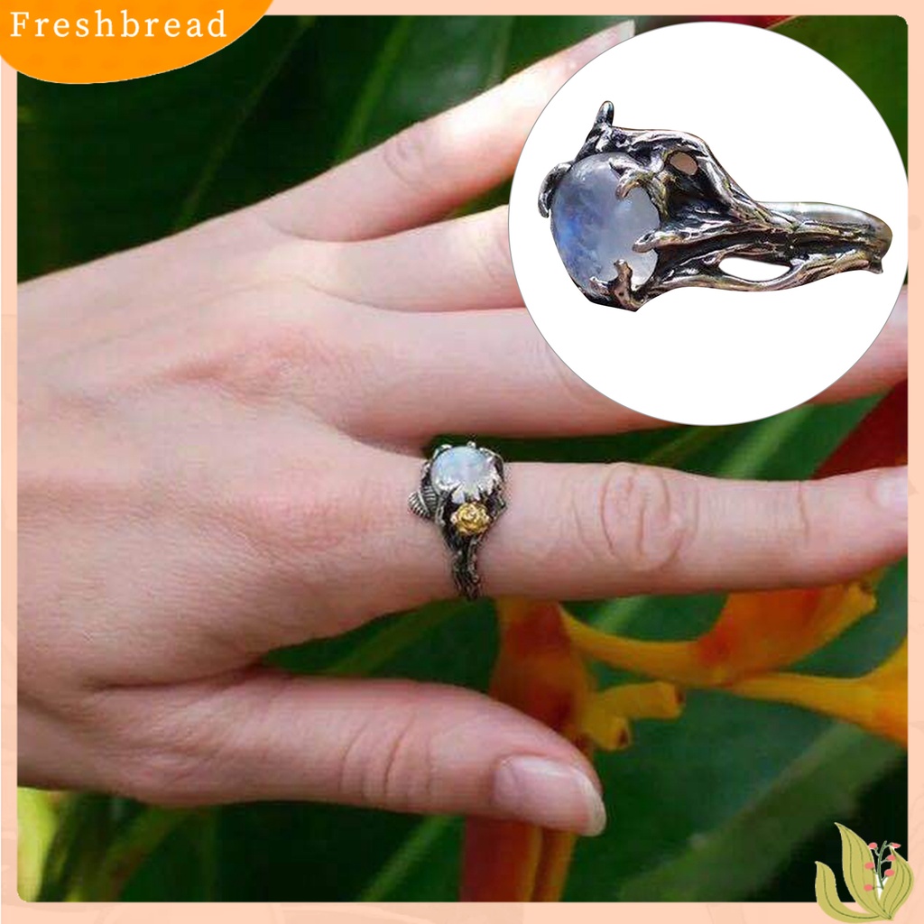 &lt; Freshbread &gt; Berongga Pernyataan Sederhana Vintage Cincin Daun Bunga Moonstone Lady Ring Perhiasan Alat Ekstra