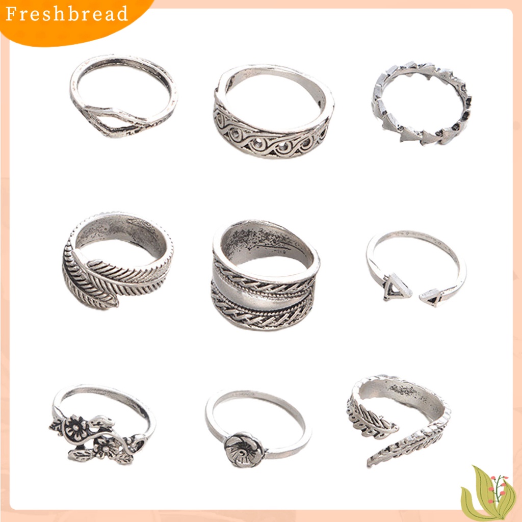 &lt; Freshbread &gt; 9Pcs Stackable Knuckle Rings Hollow Keluar Bunga Daun Wanita Vintage Finger Rings Perhiasan Aksesoris