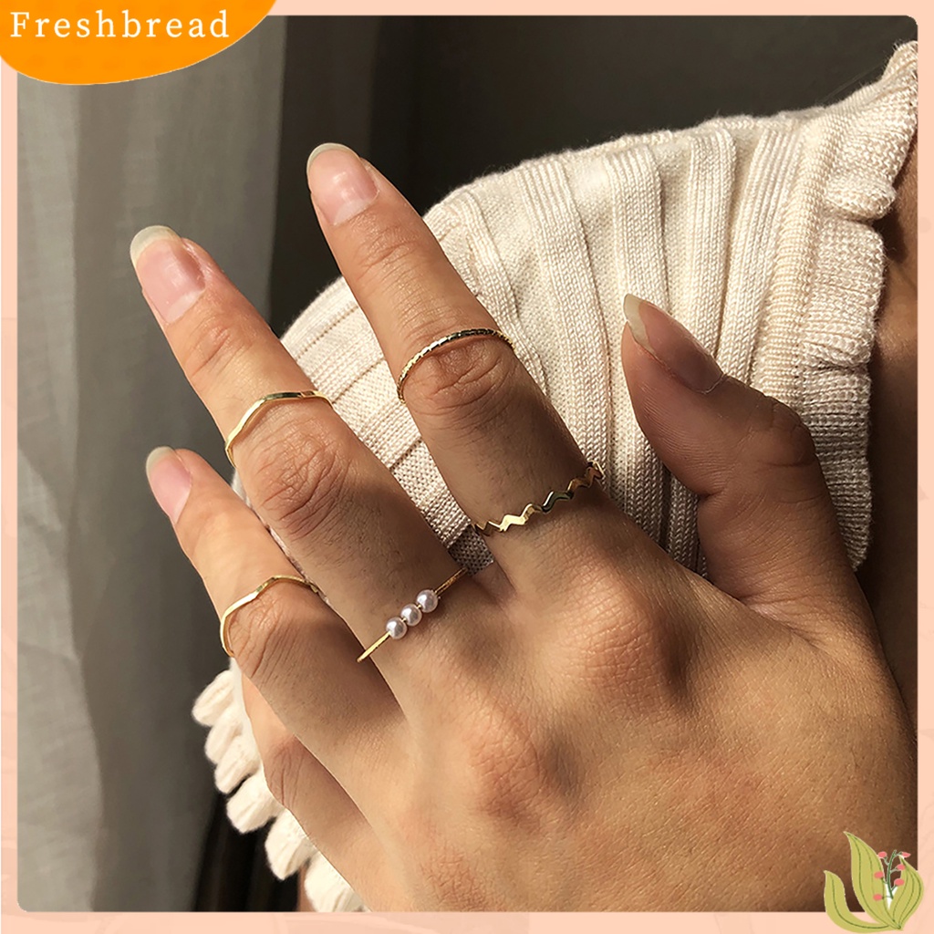 &lt; Freshbread &gt; 5Pcs/set Wanita Stackable Berlian Imitasi Gelombang Tipis Midi Cincin Buku Jari Cincin Perhiasan Aksesori