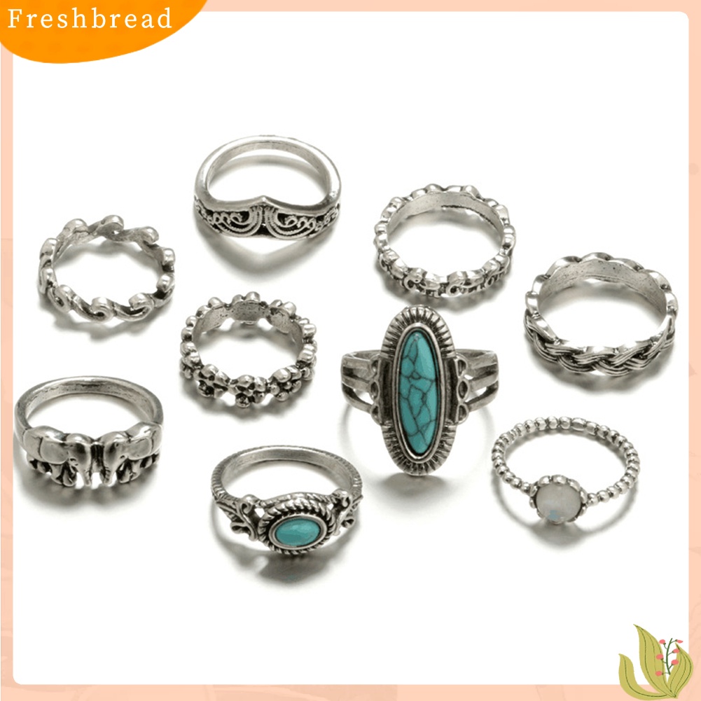 &lt; Freshbread &gt; 9Pcs/Set Boho Stack Gajah Bunga Faux Turquoise Midi Finger Knuckle Rings