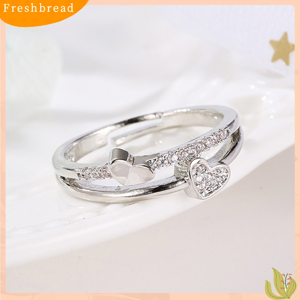 < Freshbread > Wanita Fashion Berlian Imitasi Bertatahkan Hati Ganda Berongga Band Pembukaan Cincin Perhiasan