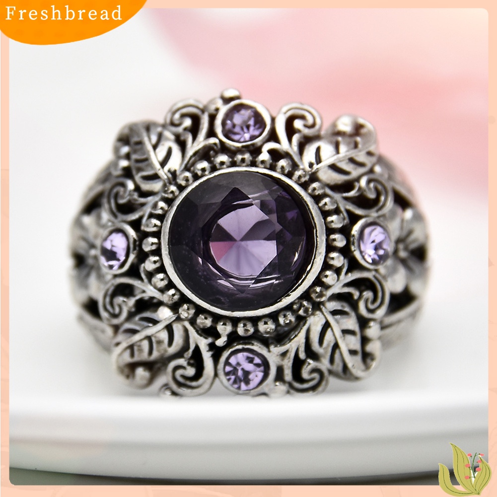 &lt; Freshbread &gt; Vintage Bulat Faux Amethyst Hias Ukir Bunga Wanita Jari Cincin Perhiasan Hadiah