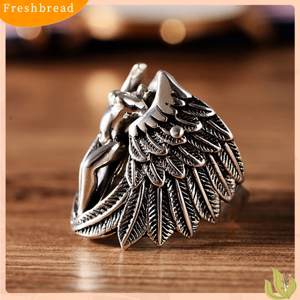 &lt; Freshbread &gt; Gothic Pria Cross Guardian Angel Wings Ukir Biker Jari Cincin Perhiasan Hadiah