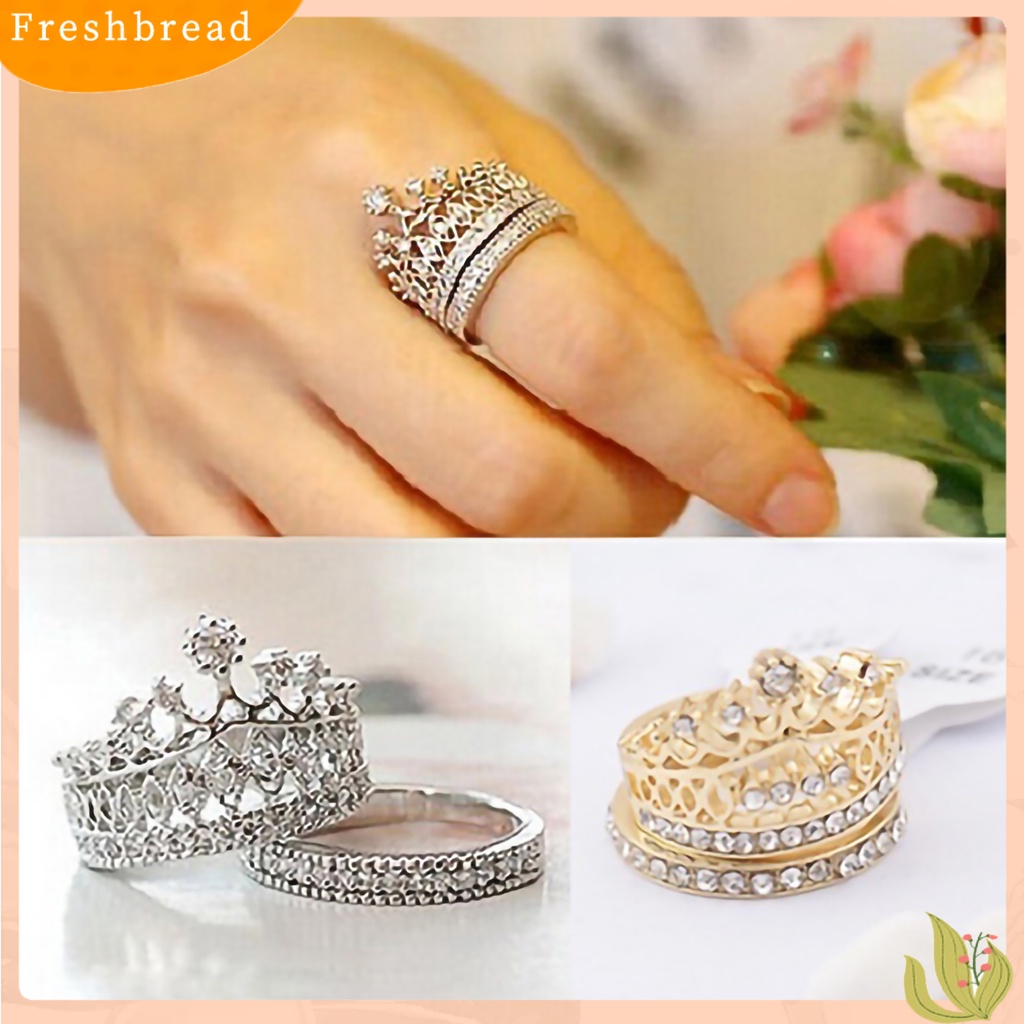 &lt; Freshbread &gt; 2Pcs Cincin Wanita Motif Mahkota Berlian Imitasi Hias Alloy Pernikahan Band Bridal Set Untuk Pertunangan