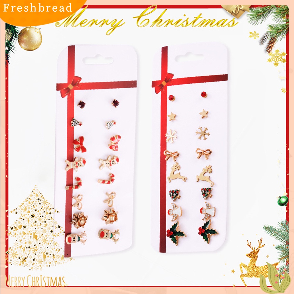 &lt; Freshbread &gt; 8pasang Pohon Natal Elk Snowflake Gingerbread Man Ear Stud Earrings Jewelry