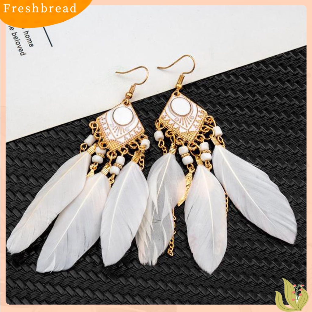 &lt; Freshbread &gt; 1pasang Anting Kait Bohemian Tetes Minyak Geometris Persegi Panjang Liontin Temperamen Dekorasi Elegan Bulu Buatan Rumbai Menjuntai Anting Aksesoris Kostum