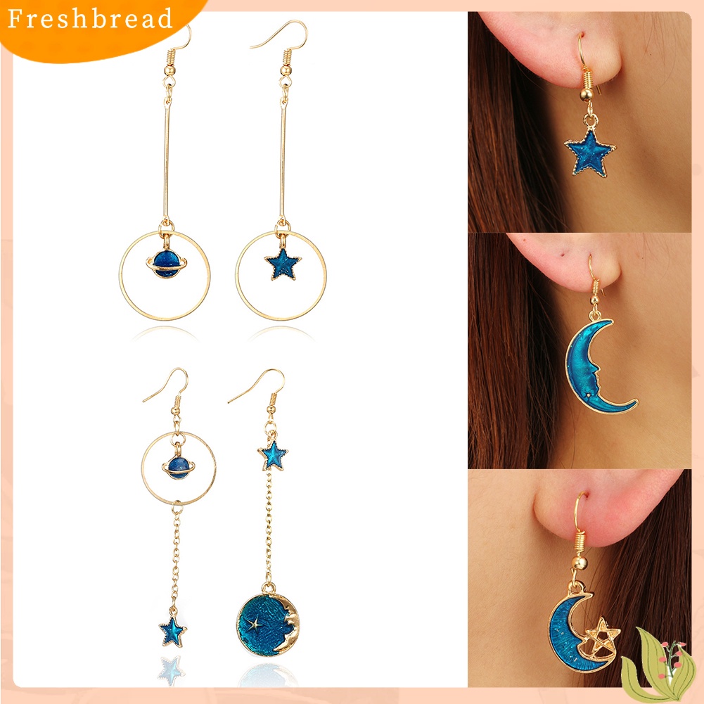 &lt; Freshbread &gt; Biru Matahari Bulan Bintang Rumbai Menjuntai Kait Telinga Wanita Fashion Anting Perhiasan Hadiah