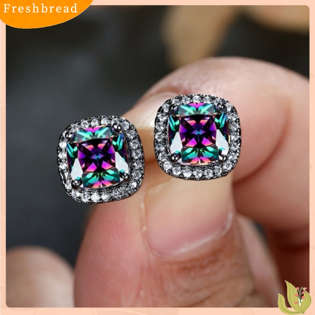 < Freshbread > 1pasang Anting Wanita Pengerjaan Halus Mewah Geometris Mata-catching Tahan Luntur Telinga Liontin Aksesori Wanita Rainbow Square Earrings Untuk Pesta